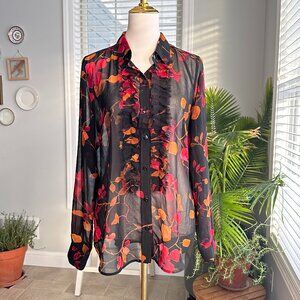Cabi Catherine Tuxedo Ruffle Semi Sheer Blouse Red Black Floral Sz L